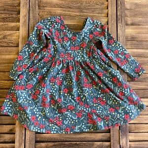 Hanna Andersson Floral Kids Dress - Red Poinsettia and Green / Yellow Detail 3T